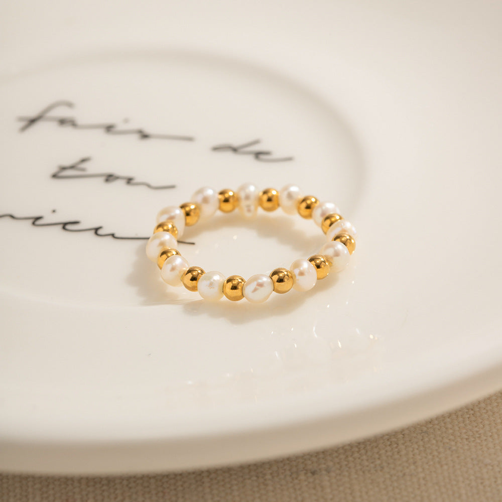 18K Gold Pearl Stretch Beads Women's Ring