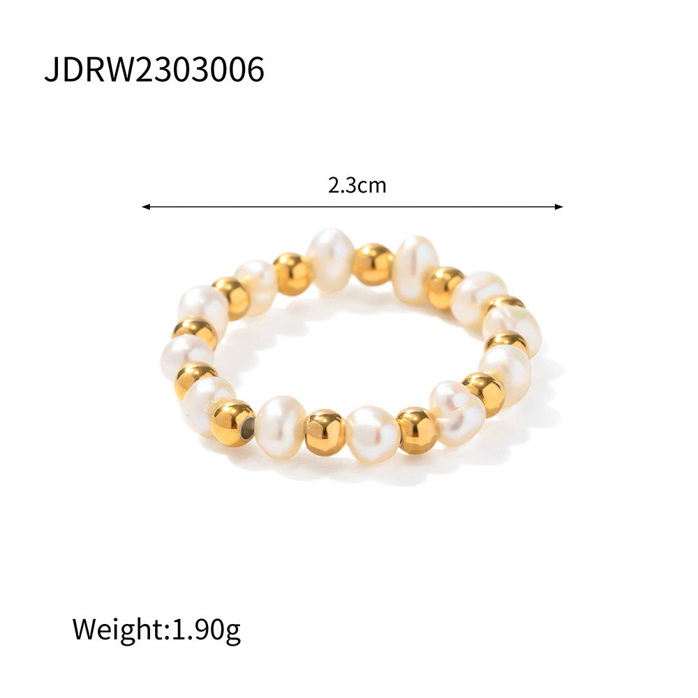 18K Gold Pearl Stretch Beads Women's Ring